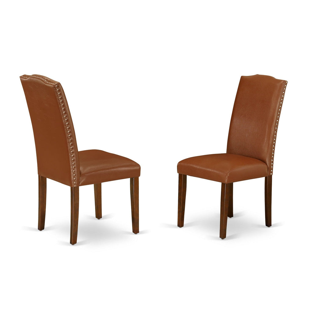 East West Furniture ENP3T66 Encinal Parsons Dining Chairs - Nailhead Trim Brown Faux Faux Leather Upholstered Chairs