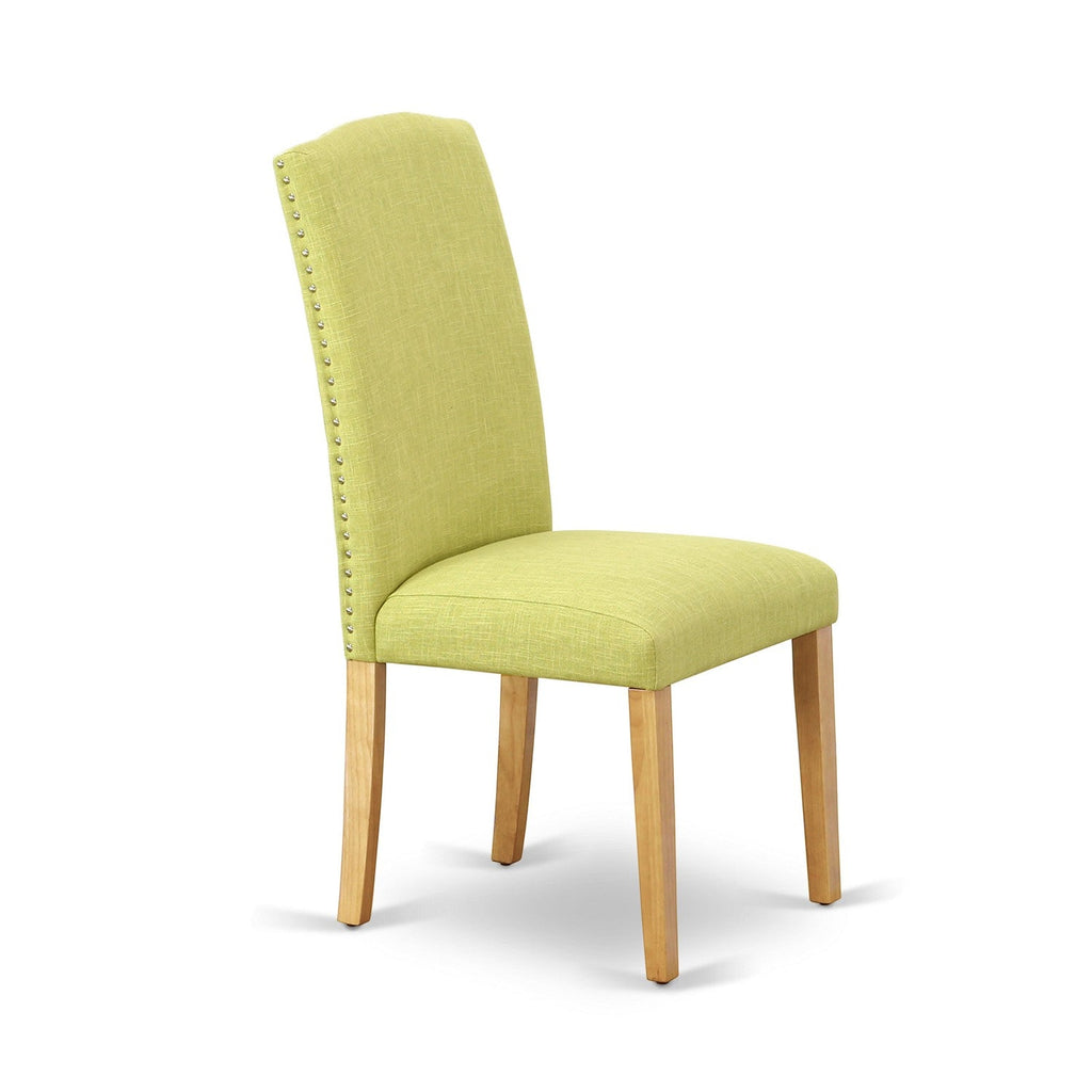 Juego de comedor de 3 piezas East West Furniture ESEN3-OAK-07 para espacios pequeños. Contiene una mesa de comedor redonda con pedestal y 2 sillas tapizadas en tela de lino Limelight.
