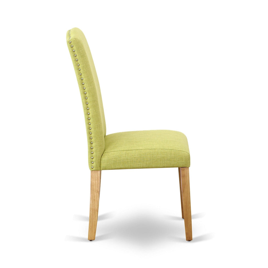 Juego de comedor de 3 piezas East West Furniture ESEN3-OAK-07 para espacios pequeños. Contiene una mesa de comedor redonda con pedestal y 2 sillas tapizadas en tela de lino Limelight.