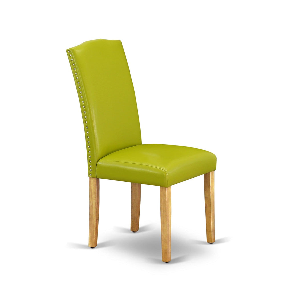 East West Furniture ESEN3-OAK-51 3 Piece Modern Dining Table Set Contains a Round Wooden Table with Pedestal and 2 Autumn Green Faux Leather Upholstered Chairs