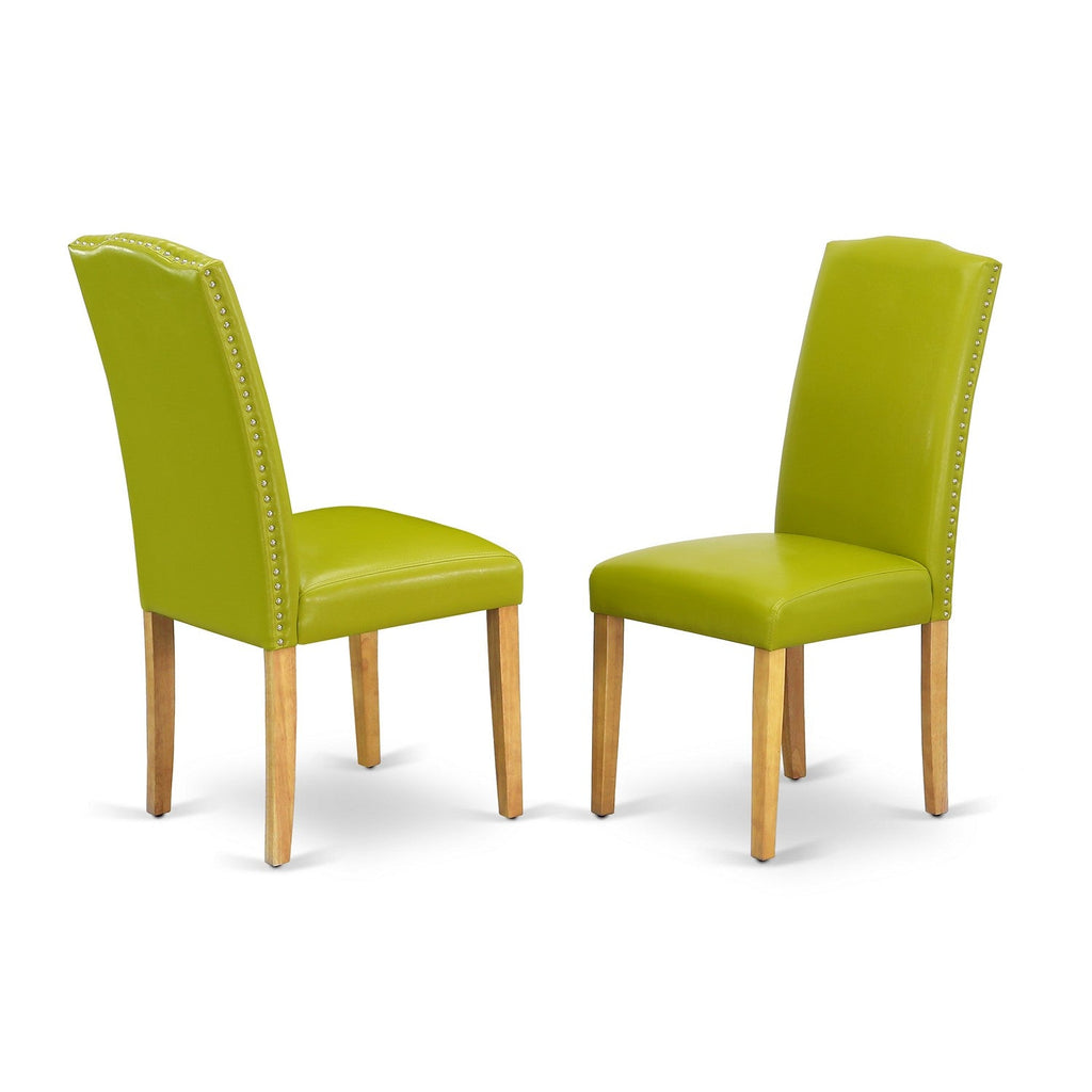 Juego de mesa de comedor moderna de 7 piezas VAEN7-OAK-51 de East West Furniture. Consta de una mesa ovalada de madera con diseño de hojas de mariposa y 6 sillas Parsons de piel sintética verde otoñal.