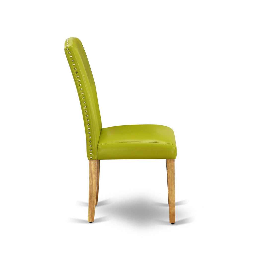 East West Furniture ESEN3-OAK-51 3 Piece Modern Dining Table Set Contains a Round Wooden Table with Pedestal and 2 Autumn Green Faux Leather Upholstered Chairs