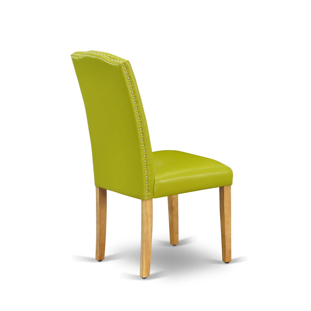 Juego de mesa de comedor moderna de 7 piezas VAEN7-OAK-51 de East West Furniture. Consta de una mesa ovalada de madera con diseño de hojas de mariposa y 6 sillas Parsons de piel sintética verde otoñal.