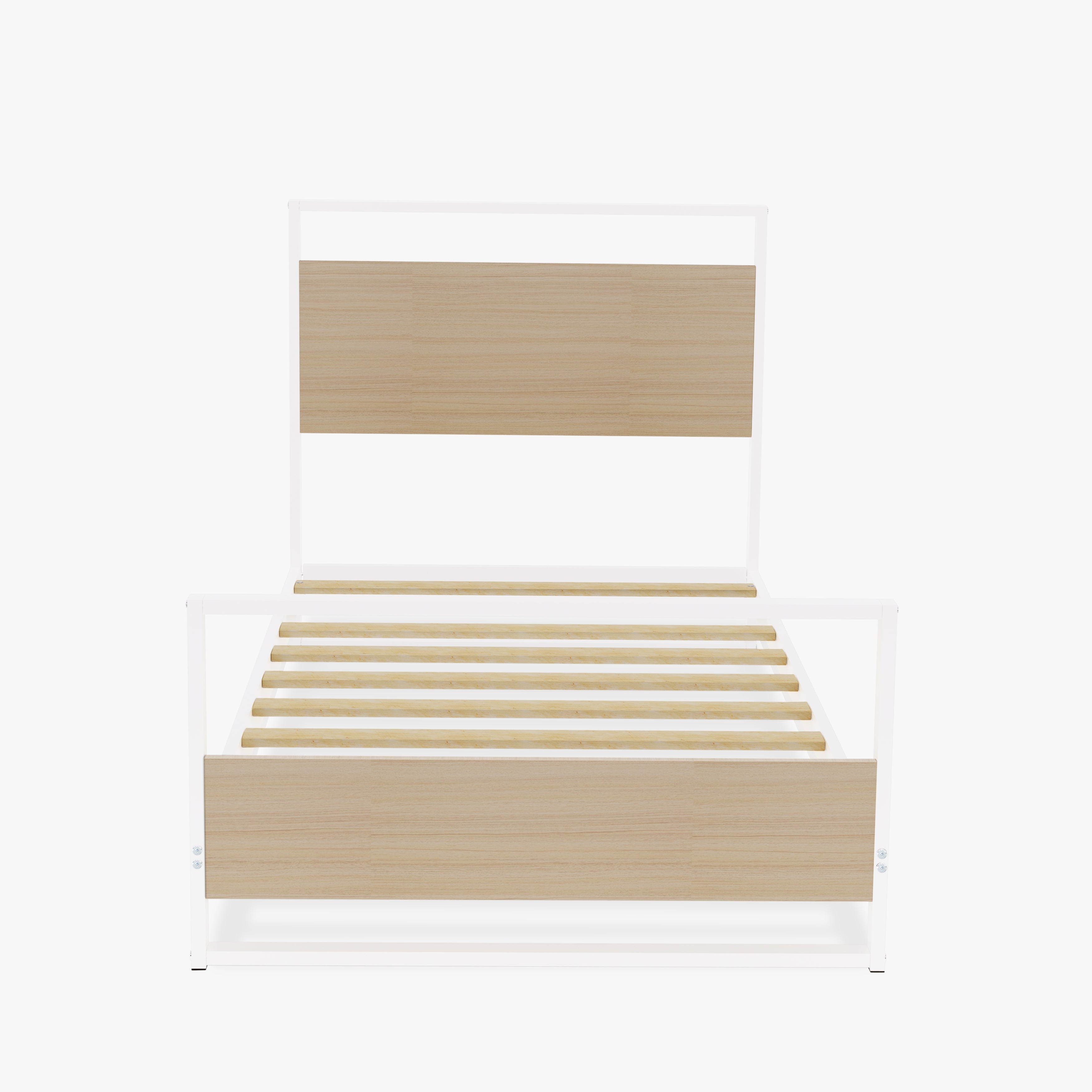 East West Furniture ERTBW02 Erie metal bed frame with 4 Metal Legs - Lavish Bed in Powder Coating Linen white Color and Linen white Wood laminate