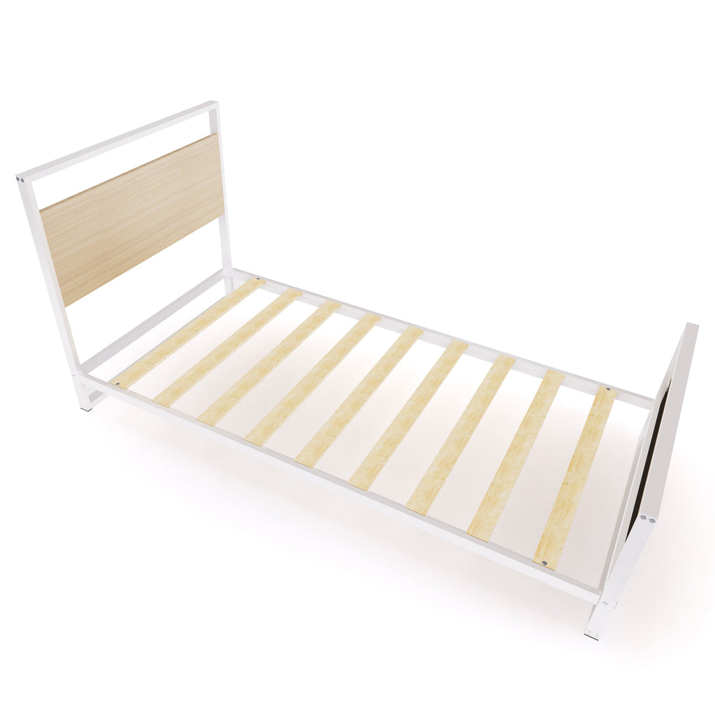 East West Furniture ERTBW02 Erie metal bed frame with 4 Metal Legs - Lavish Bed in Powder Coating White Color and White Wood laminate