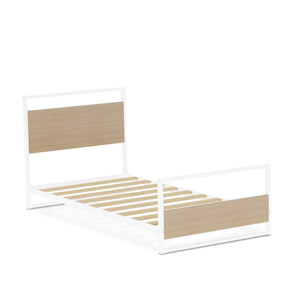 East West Furniture ERTBW02 Erie metal bed frame with 4 Metal Legs - Lavish Bed in Powder Coating White Color and White Wood laminate