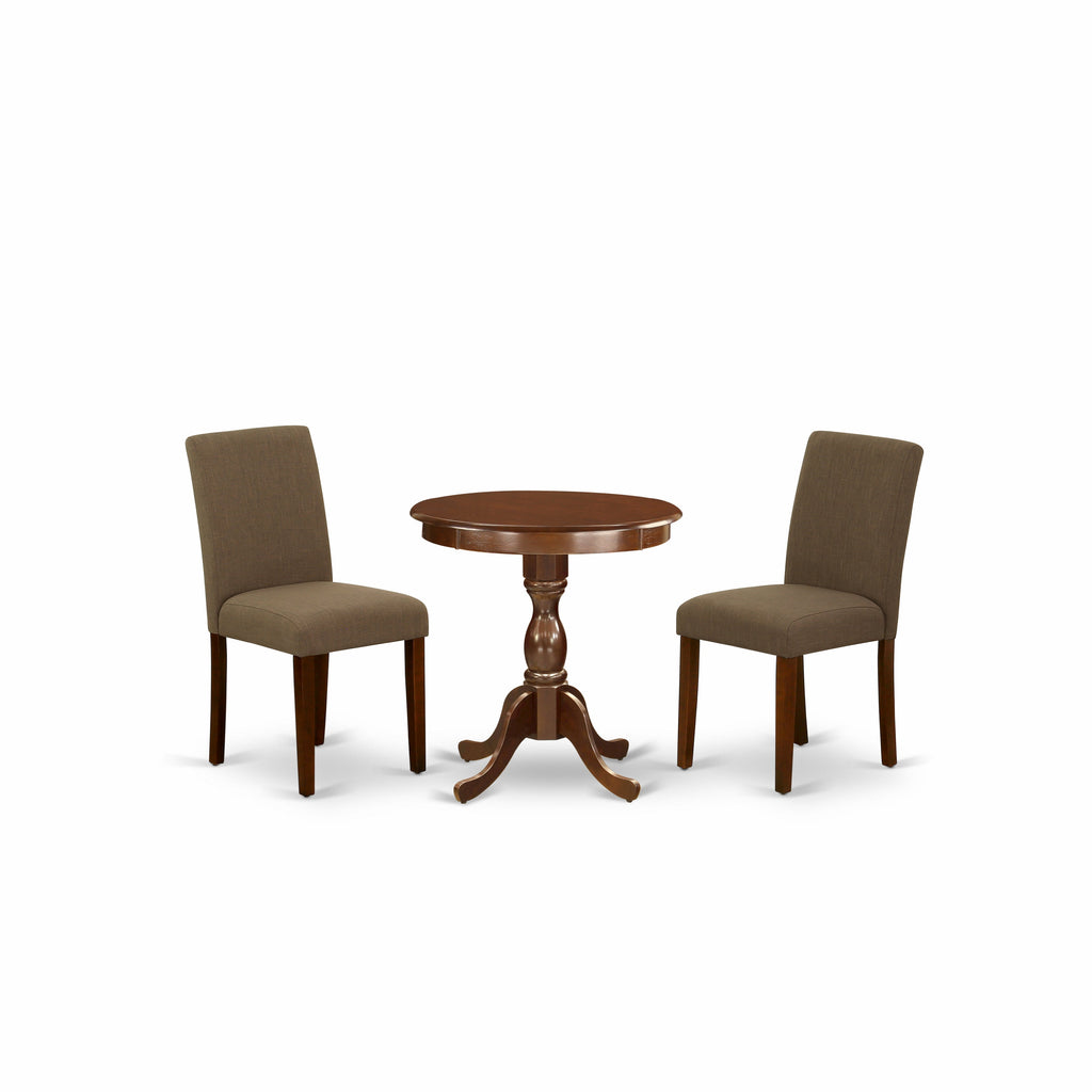 East West Furniture ESAB3-MAH-18 3 Piece Dinette Set for Small Spaces Contains a Round Dining Table with Pedestal and 2 Coffee Linen Fabric Parson Dining Chairs, 30x30 Inch, Mahogany