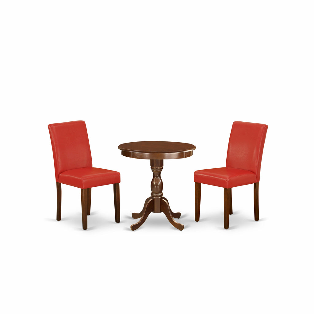East West Furniture ESAB3-MAH-72 3 Piece Dining Set Contains a Round Dining Room Table with Pedestal and 2 Firebrick Red Faux Leather Upholstered Parson Chairs, 30x30 Inch, Mahogany
