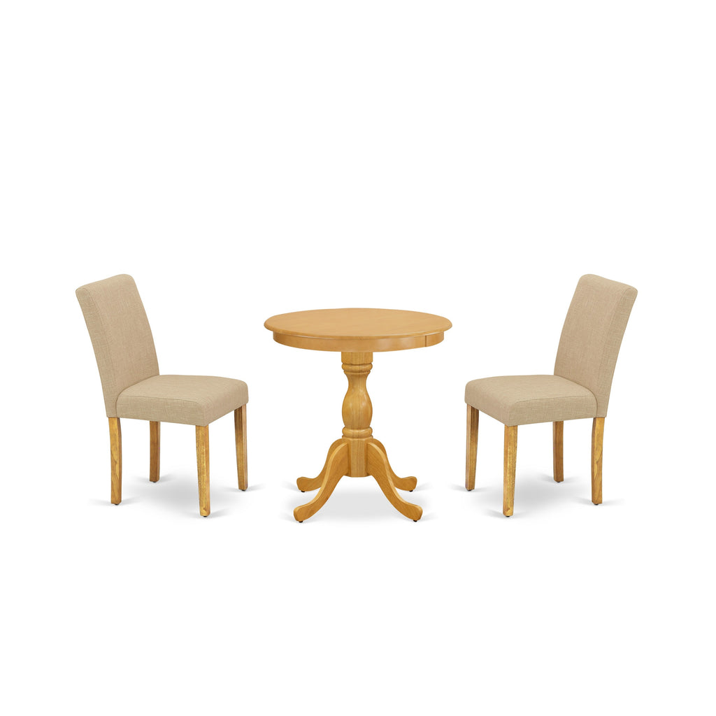 East West Furniture ESAB3-OAK-04 3 Piece Dining Table Set for Small Spaces Contains a Round Wooden Table with Pedestal and 2 Light Tan Linen Fabric Parson Chairs, 30x30 Inch, Oak