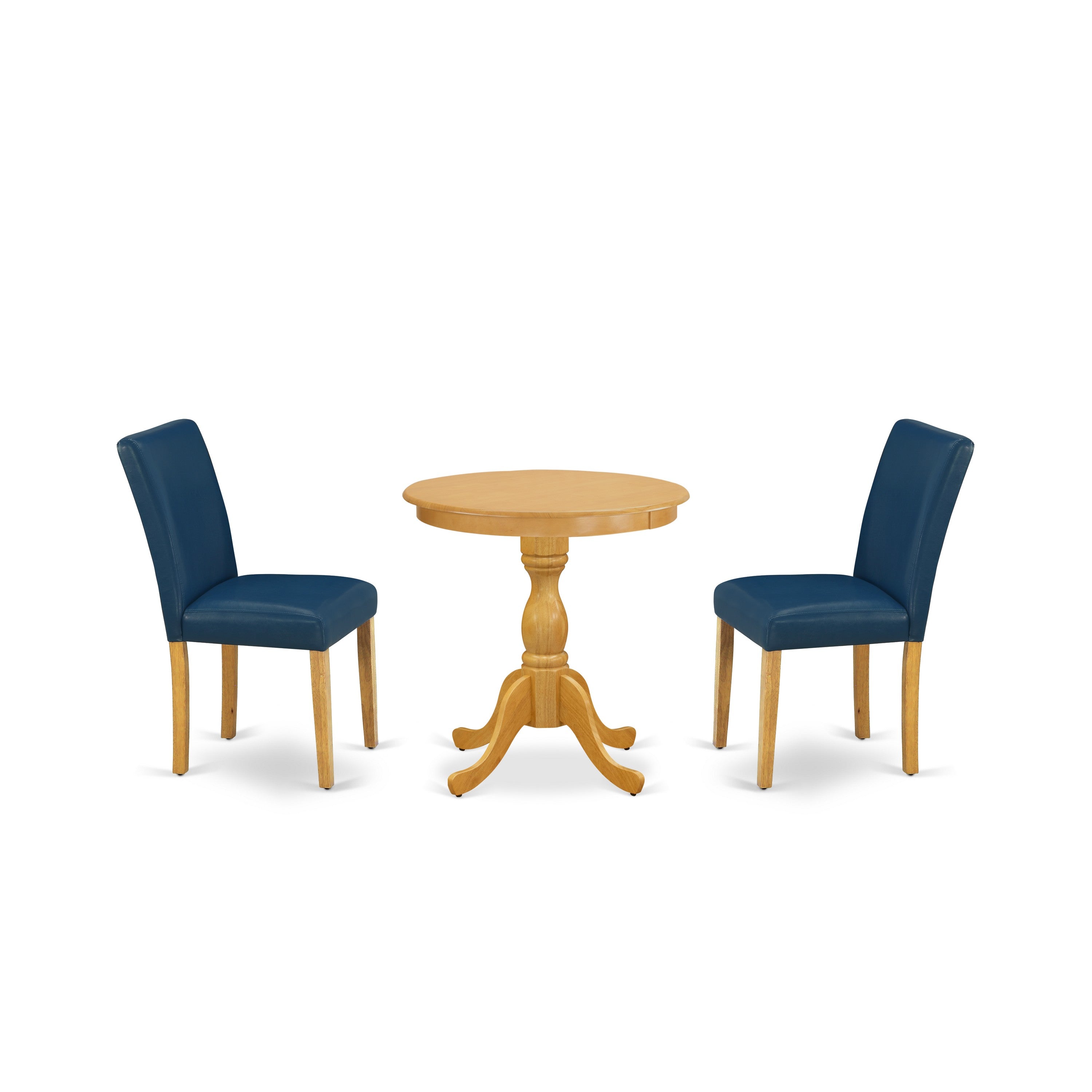 Juego de comedor de 3 piezas ESAB3-OAK-55 de East West Furniture. Incluye una mesa de comedor redonda con pedestal y dos sillas tapizadas de piel sintética azul oasis.