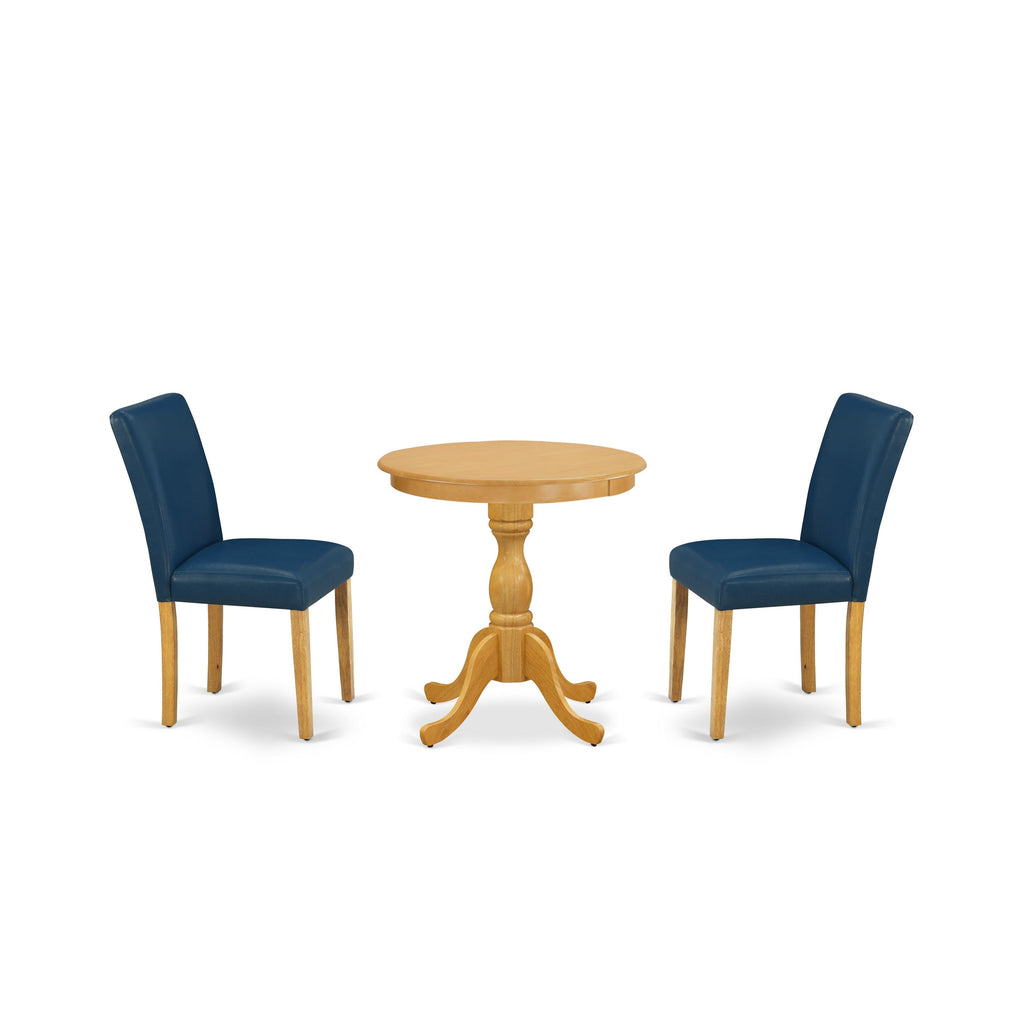 East West Furniture ESAB3-OAK-55 3 Piece Dining Room Furniture Set Contains a Round Dining Table with Pedestal and 2 Oasis Blue Faux Leather Upholstered Chairs, 30x30 Inch, Oak