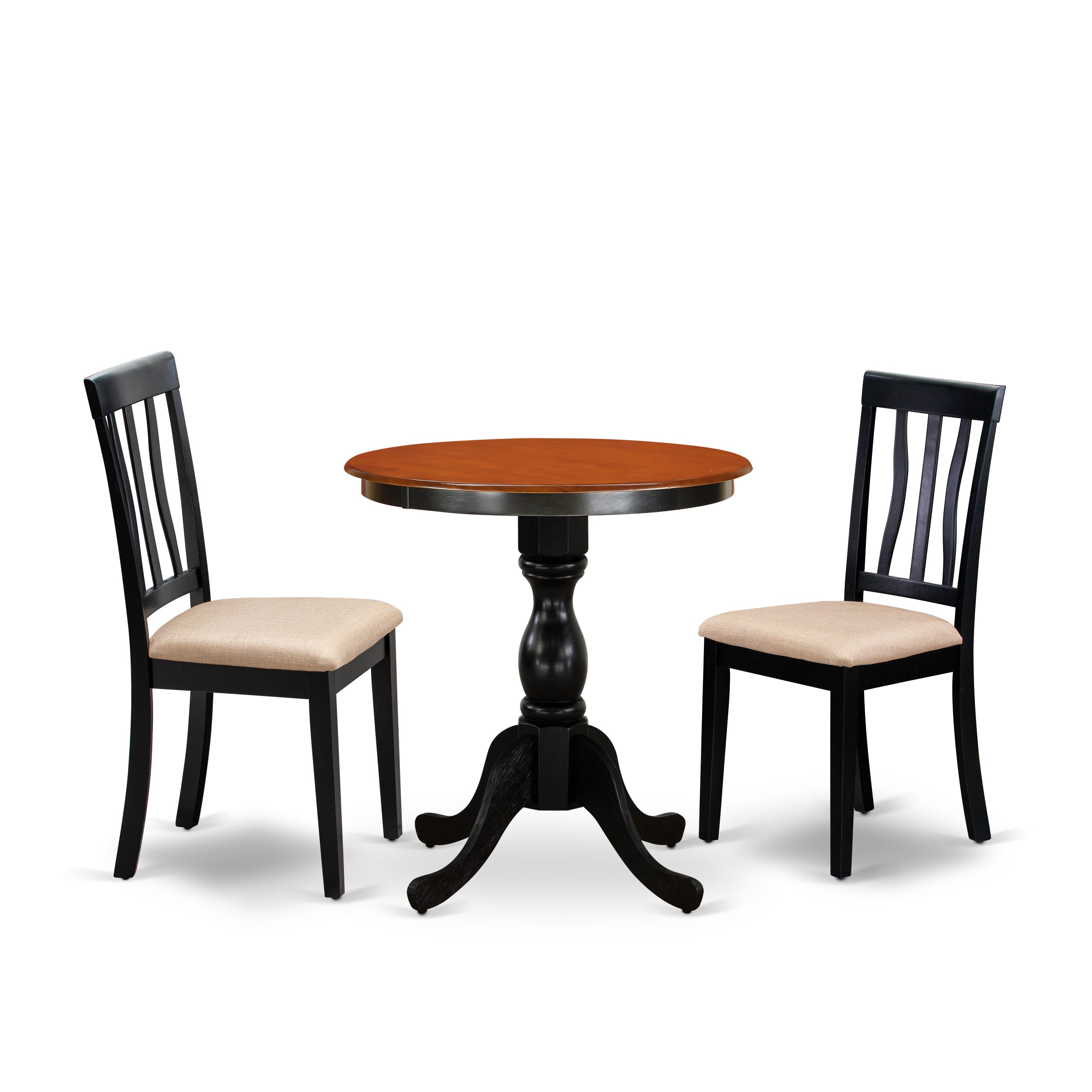 East West Furniture ESAN3-BCH-C 3-Piece Mid Century Dining SetInclude a Kitchen Table and 2 Linen Fabric Mid Century Chairs with Slatted Back - Black Finish