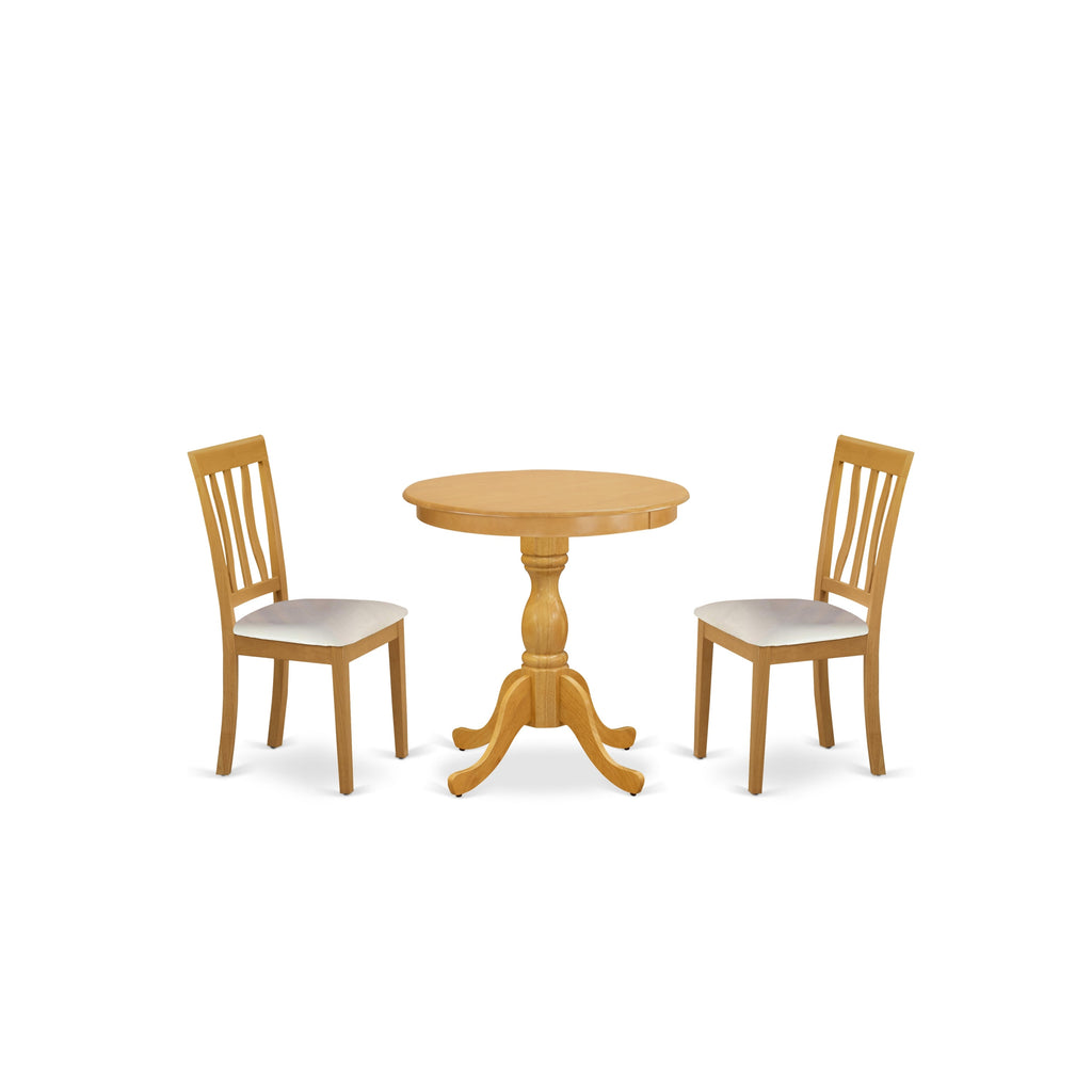 East West Furniture ESAN3-OAK-LC 3 Piece Kitchen Table & Chairs Set Contains a Round Dining Room Table with Pedestal and 2 Faux Leather Upholstered Chairs
