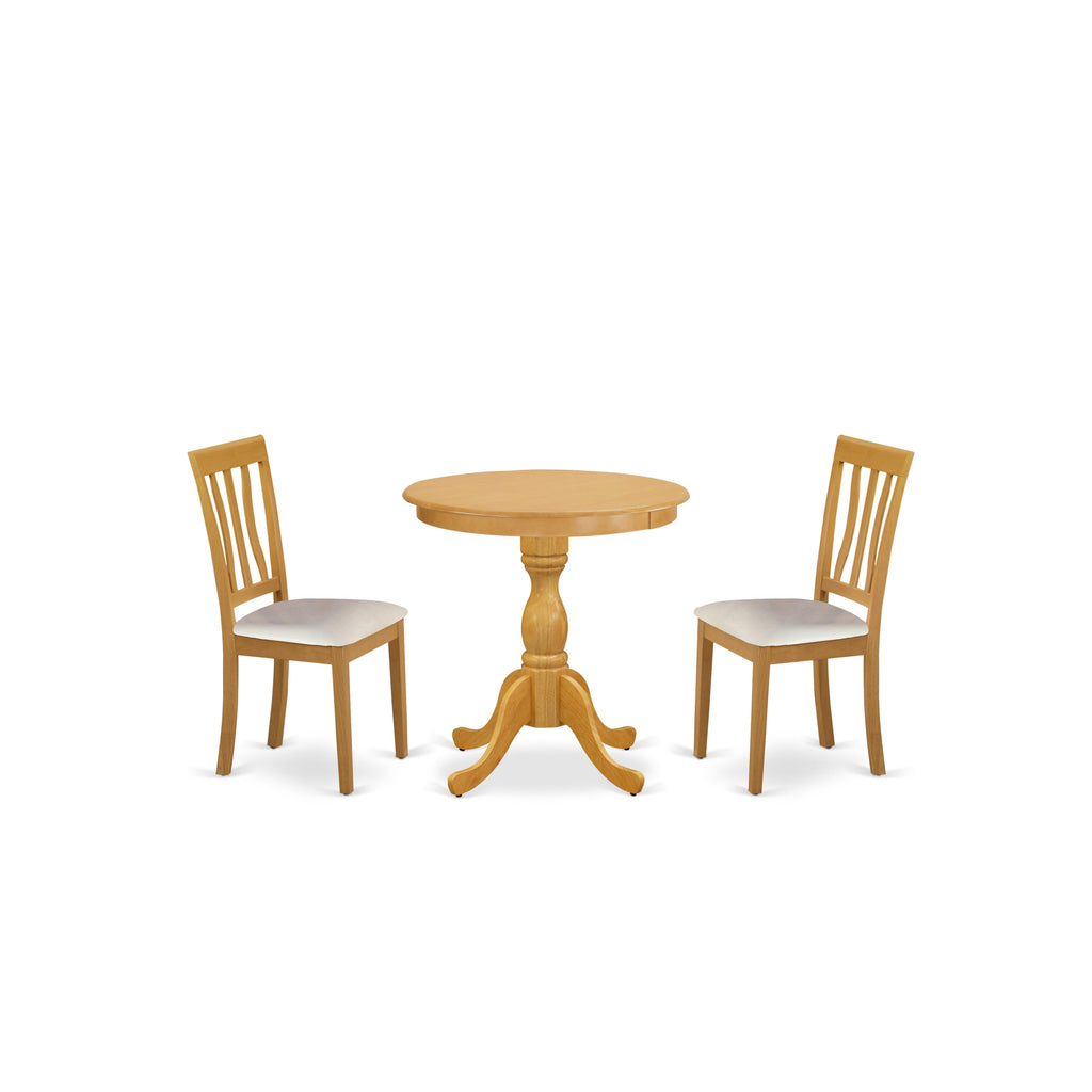 East West Furniture ESAN3-OAK-LC 3 Piece Kitchen Table & Chairs Set Contains a Round Dining Room Table with Pedestal and 2 Faux Leather Upholstered Chairs, 30x30 Inch, Oak