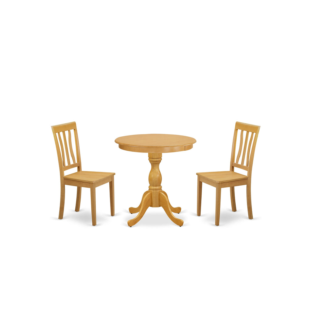 East West Furniture ESAN3-OAK-W 3 Piece Kitchen Table Set for Small Spaces Contains a Round Dining Table with Pedestal and 2 Dining Room Chairs, 30x30 Inch, Oak