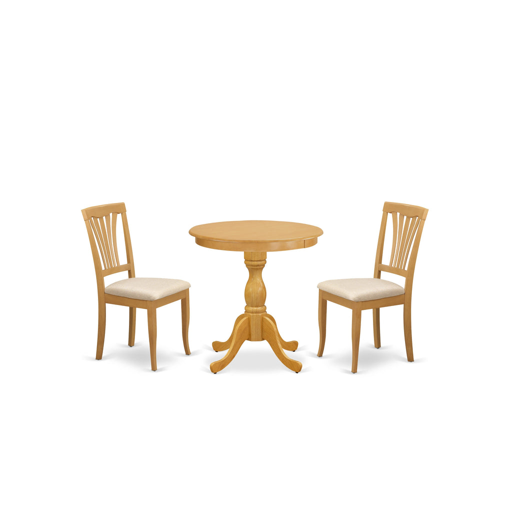 East West Furniture ESAV3-OAK-C 3 Piece Dining Room Furniture Set Contains a Round Dining Table with Pedestal and 2 Linen Fabric Upholstered Chairs, 30x30 Inch, Oak