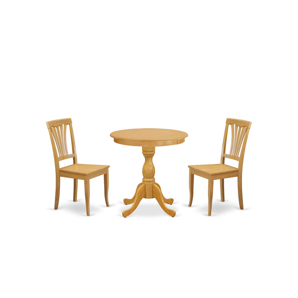 East West Furniture ESAV3-OAK-W 3 Piece Modern Dining Table Set Contains a Round Wooden Table with Pedestal and 2 Kitchen Dining Chairs, 30x30 Inch, Oak