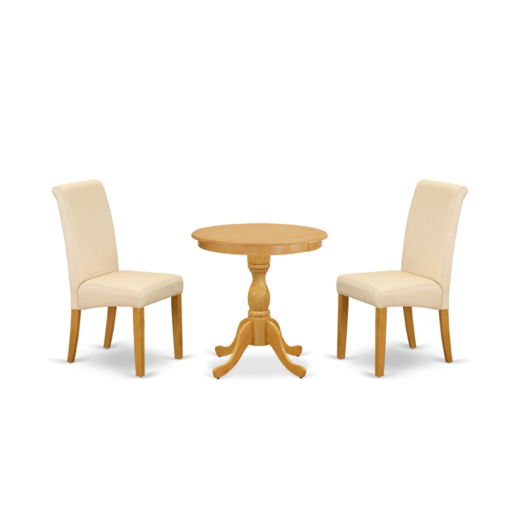 Juego de mesa de cocina de 3 piezas East West Furniture ESBA3-OAK-02 que incluye una mesa de comedor redonda y 2 sillas tapizadas en tela de lino beige claro.