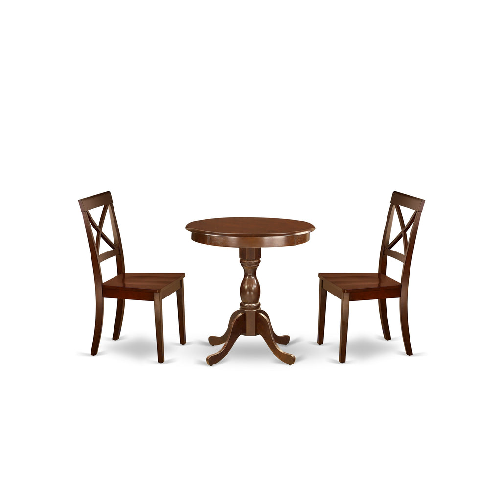 East West Furniture ESBO3-MAH-W 3 Piece Dining Room Table Set  Contains a Round Kitchen Table with Pedestal and 2 Dining Chairs, 30x30 Inch, Mahogany