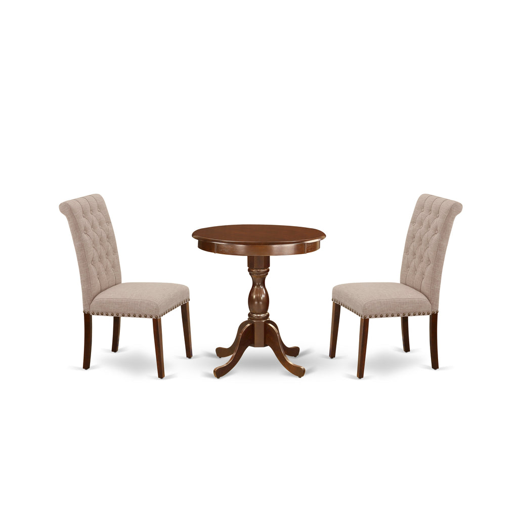 East West Furniture ESBR3-MAH-04 3 Piece Modern Dining Table Set Contains a Round Wooden Table with Pedestal and 2 Light Tan Linen Fabric Parson Dining Chairs, 30x30 Inch, Mahogany