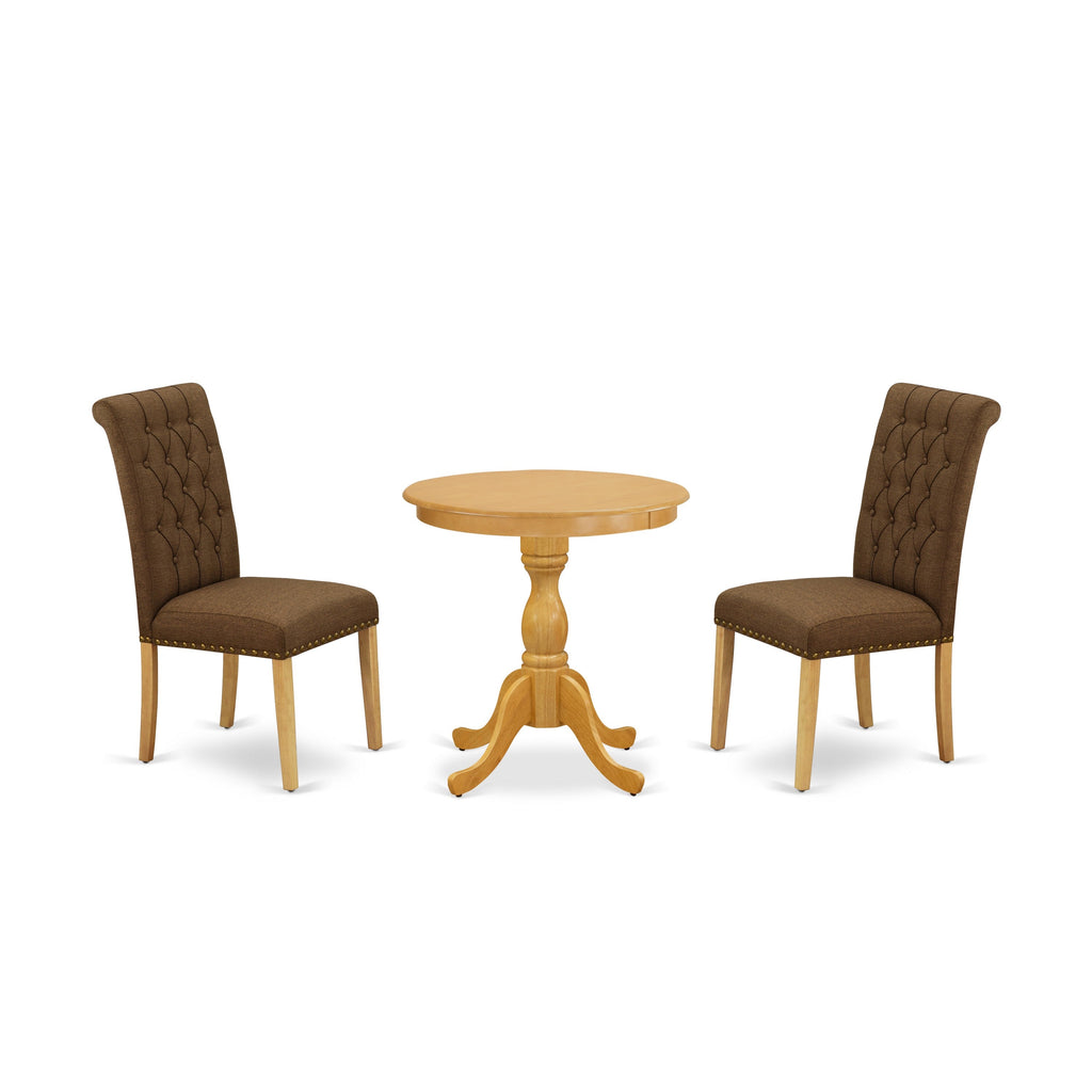 East West Furniture ESBR3-OAK-18 3 Piece Kitchen Table & Chairs Set Contains a Round Dining Room Table with Pedestal and 2 Brown Linen Linen Fabric Parsons Chairs, 30x30 Inch, Oak