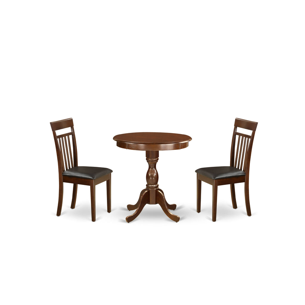 East West Furniture ESCA3-MAH-LC 3 Piece Kitchen Table & Chairs Set Contains a Round Dining Room Table with Pedestal and 2 Faux Leather Upholstered Dining Chairs