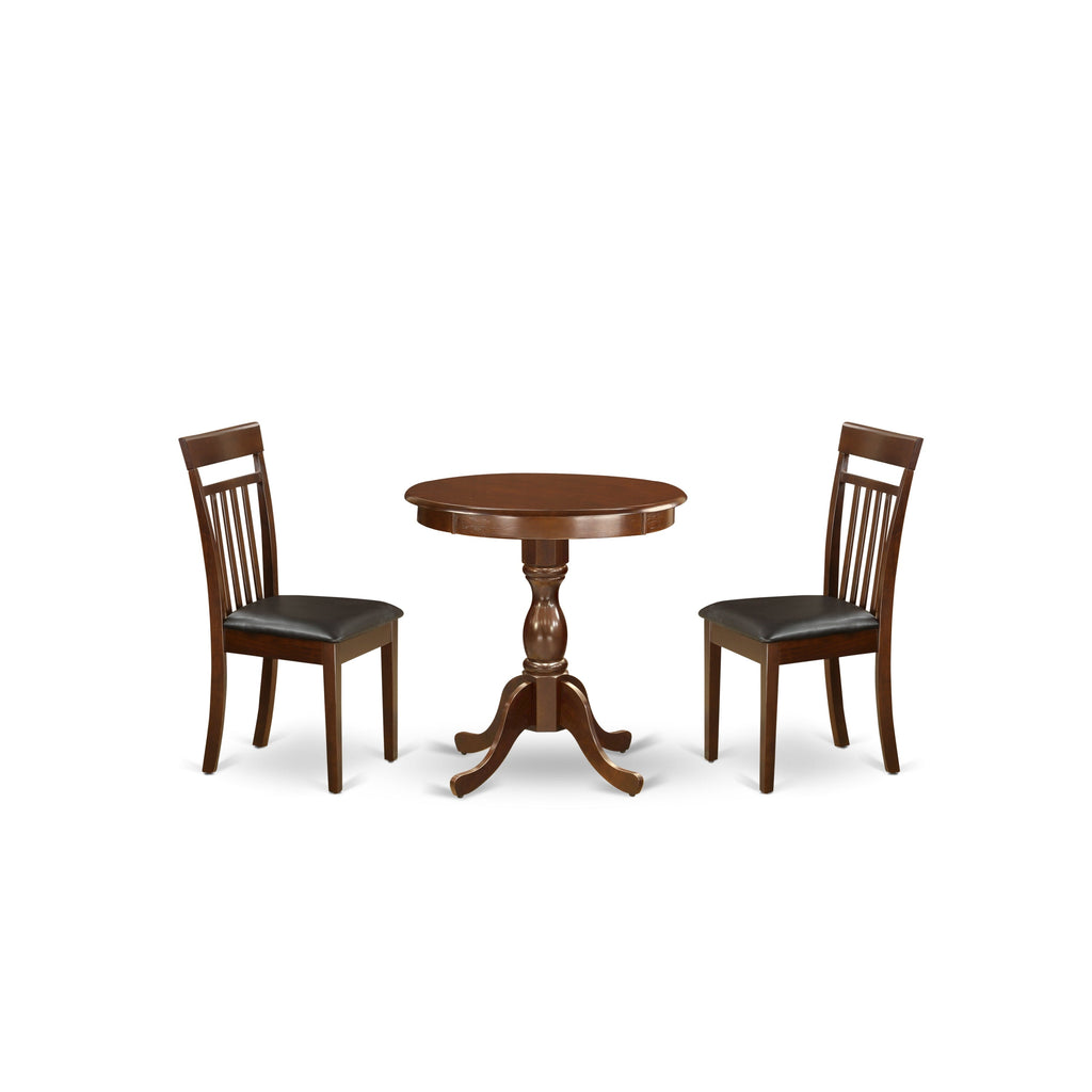 East West Furniture ESCA3-MAH-LC 3 Piece Kitchen Table & Chairs Set Contains a Round Dining Room Table with Pedestal and 2 Faux Leather Upholstered Dining Chairs, 30x30 Inch, Mahogany