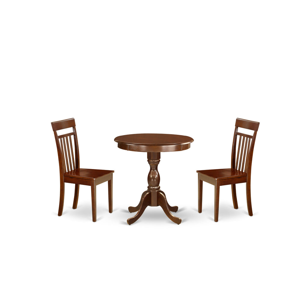 East West Furniture ESCA3-MAH-W 3 Piece Dinette Set for Small Spaces Contains a Round Dining Table with Pedestal and 2 Kitchen Dining Chairs