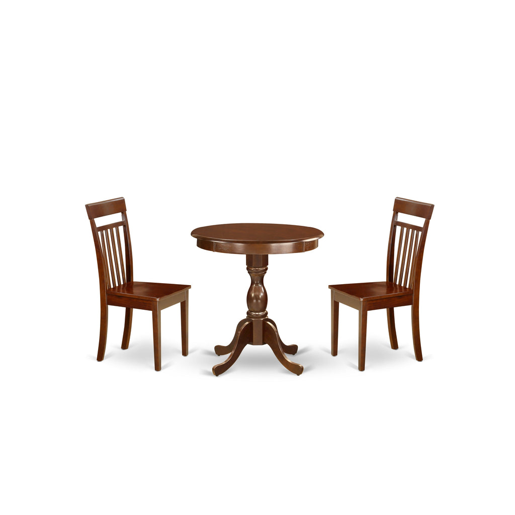 East West Furniture ESCA3-MAH-W 3 Piece Dinette Set for Small Spaces Contains a Round Dining Table with Pedestal and 2 Kitchen Dining Chairs, 30x30 Inch, Mahogany