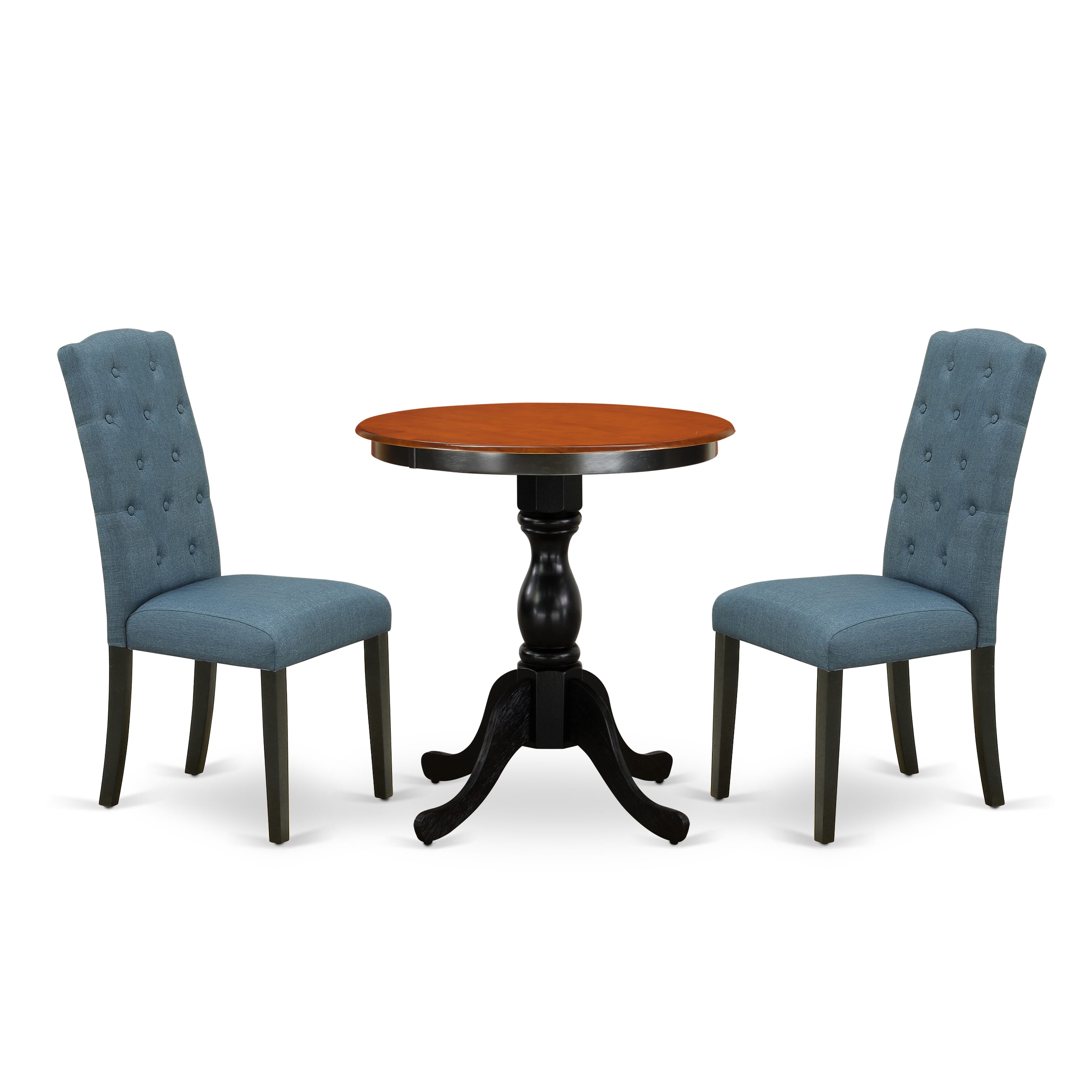 East West Furniture ESCE3-BCH-21 3-Piece Dining Room Table Set Consist of Dining Table and 2 Blue Linen Fabric Upholstered Chairs with Button Tufted Back - Black Finish