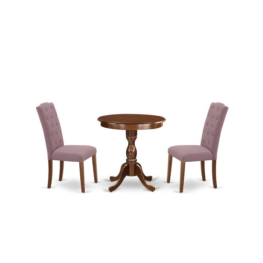 East West Furniture ESCE3-MAH-10 3 Piece Kitchen Table Set Contains a Round Dining Room Table with Pedestal and 2 Dahlia Linen Fabric Parsons Dining Chairs