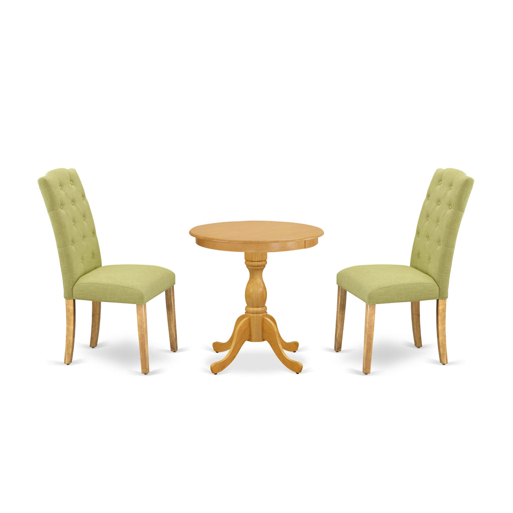 Juego de comedor de 3 piezas ESCE3-OAK-07 de East West Furniture para espacios pequeños. Contiene una mesa de comedor redonda con pedestal y 2 sillas tapizadas en tela de lino Limelight.
