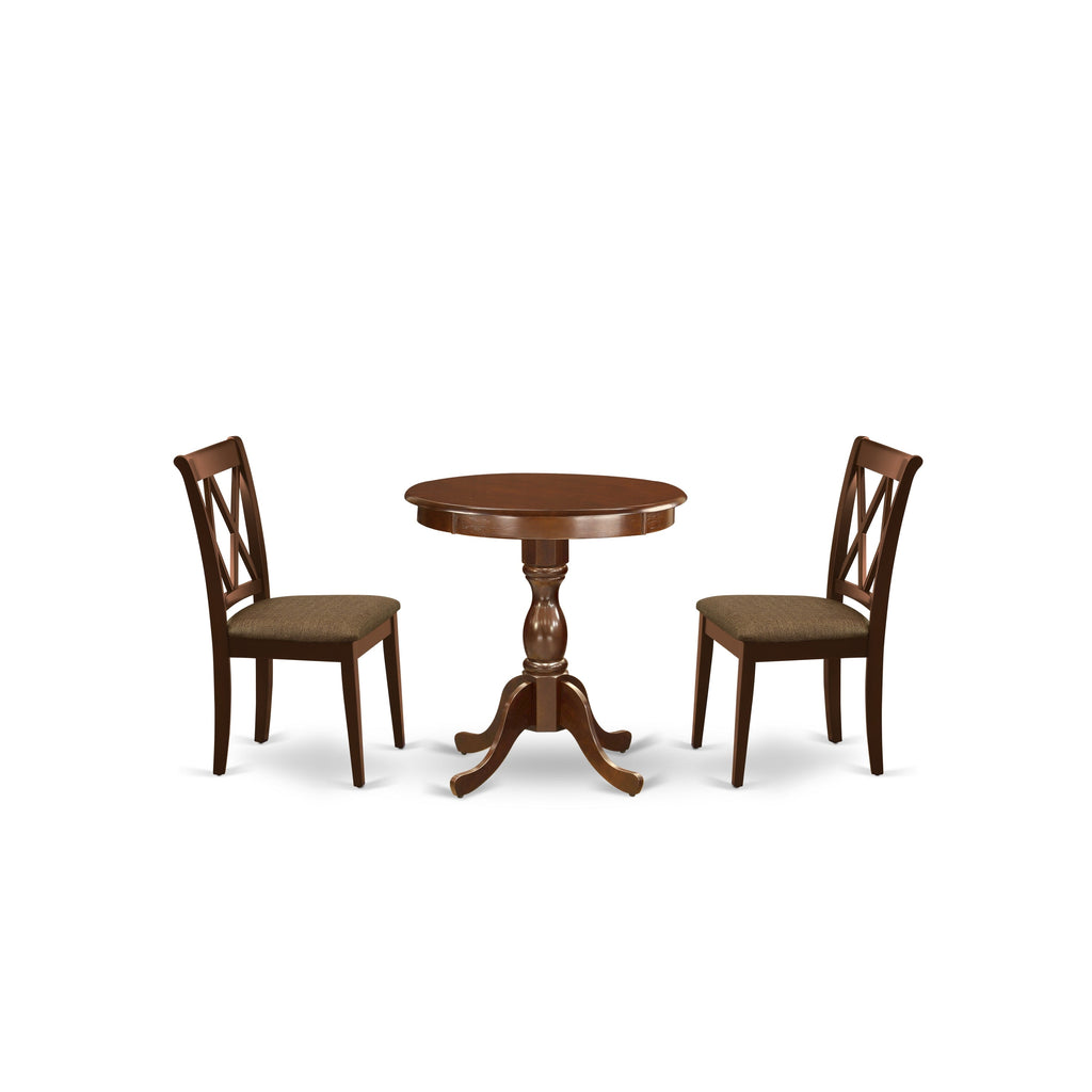 East West Furniture ESCL3-MAH-C 3 Piece Dining Room Table Set  Contains a Round Kitchen Table with Pedestal and 2 Linen Fabric Upholstered Dining Chairs, 30x30 Inch, Mahogany