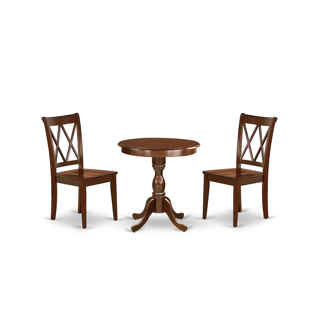East West Furniture ESCL3-MAH-W 3 Piece Dinette Set for Small Spaces Contains a Round Dining Table with Pedestal and 2 Dining Chairs, 30x30 Inch, Mahogany