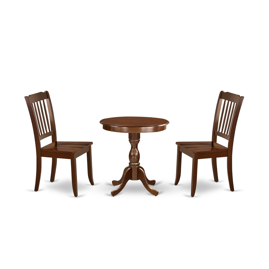 Juego de mesa de comedor moderna de 3 piezas ESDA3-MAH-W de East West Furniture. Contiene una mesa redonda de madera con pedestal y 2 sillas de comedor.
