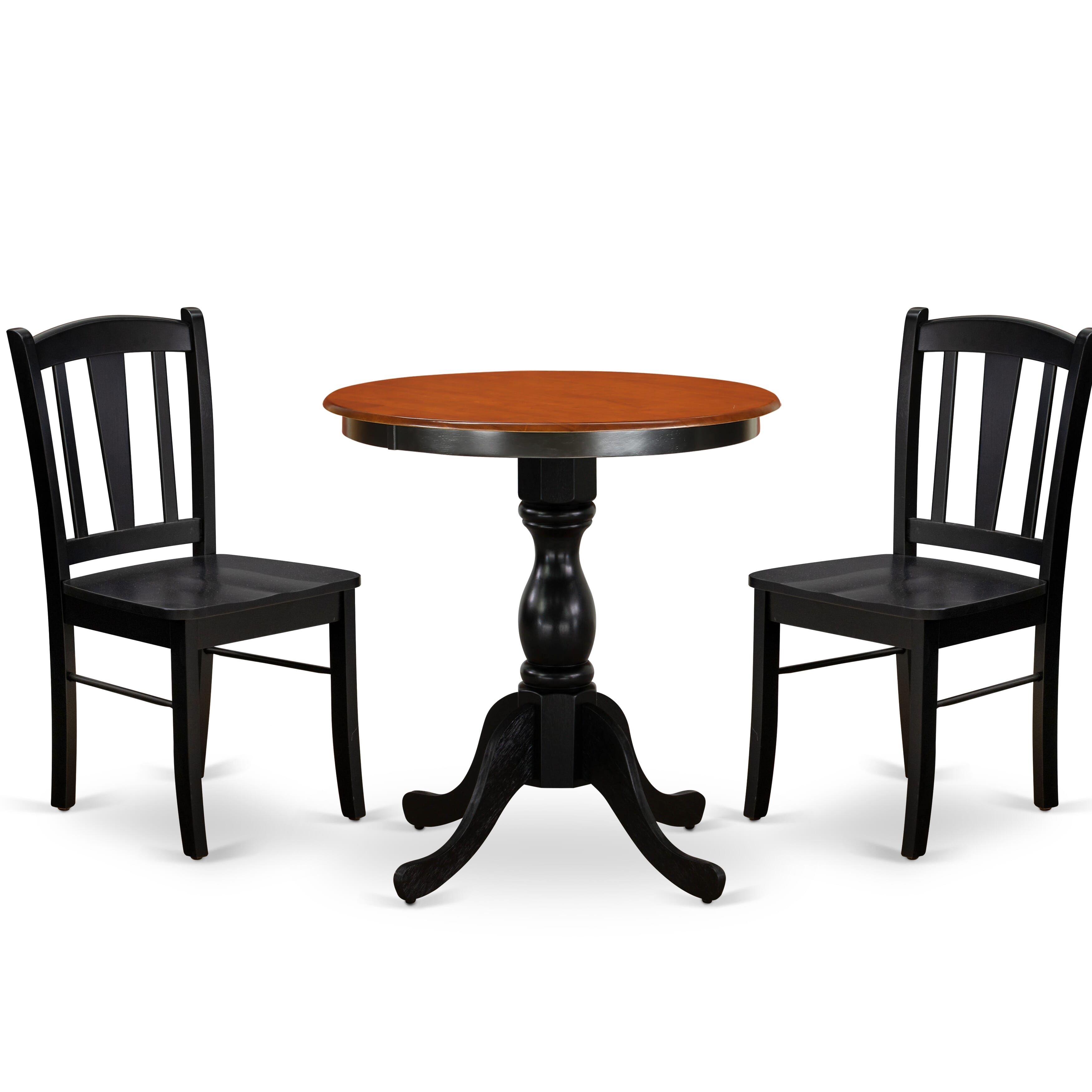 East West Furniture ESDL3-BCH-W 3-Piece Mid Century Dining Set Consist of Round Table and 2 Wooden Chairs with Slatted Back - Black Finish