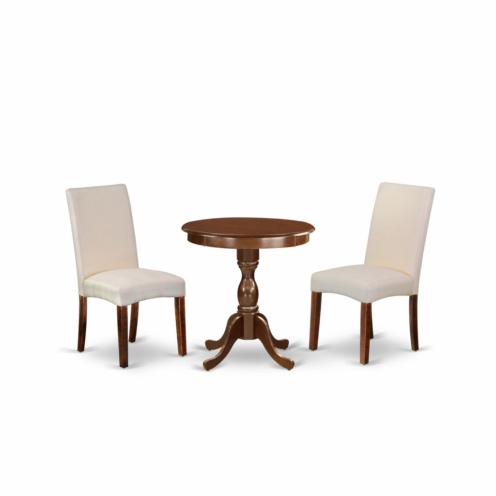 East West Furniture ESDR3-MAH-01 3 Piece Dining Room Table Set  Contains a Round Dining Table with Pedestal and 2 Cream Linen Fabric Upholstered Parson Chairs