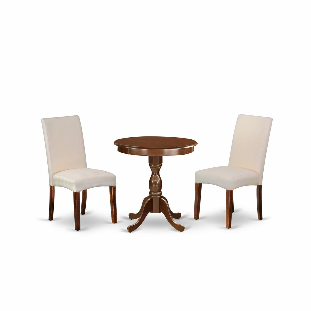 East West Furniture ESDR3-MAH-01 3 Piece Dining Room Table Set  Contains a Round Dining Table with Pedestal and 2 Cream Linen Fabric Upholstered Parson Chairs, 30x30 Inch, Mahogany