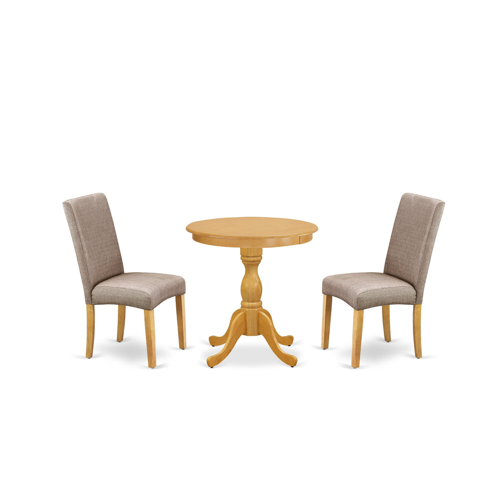 East West Furniture ESDR3-OAK-16 3 Piece Kitchen Table Set Contains a Round Dining Room Table with Pedestal and 2 Dark Khaki Linen Fabric Upholstered Chairs, 30x30 Inch, Oak