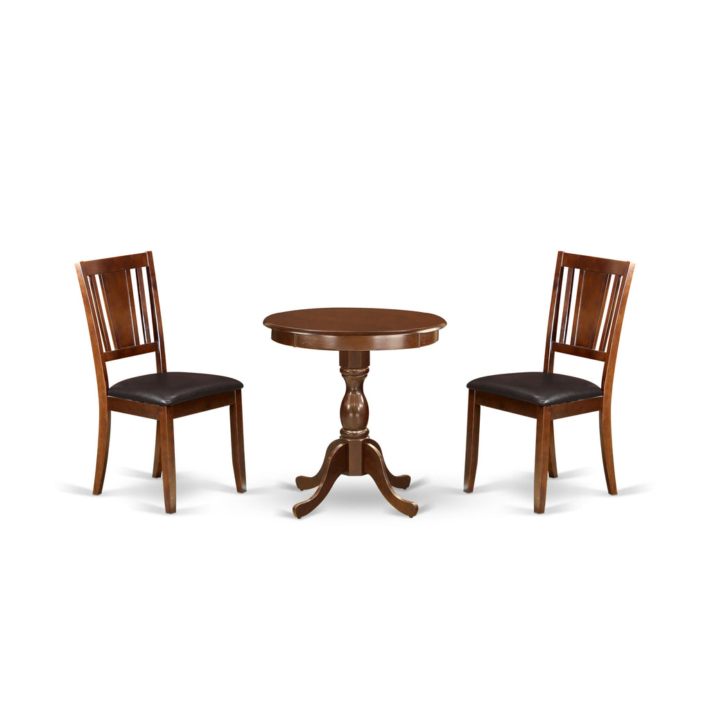 Juego de mesa de comedor de 3 piezas ESDU3-MAH-LC de East West Furniture. Incluye una mesa de comedor redonda con pedestal y 2 sillas tapizadas en piel sintética.