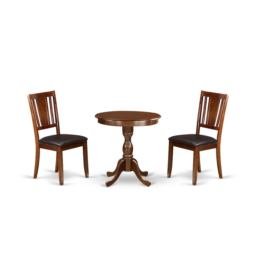 East West Furniture ESDU3-MAH-LC 3 Piece Dining Room Table Set  Contains a Round Dining Table with Pedestal and 2 Faux Leather Upholstered Chairs, 30x30 Inch, Mahogany