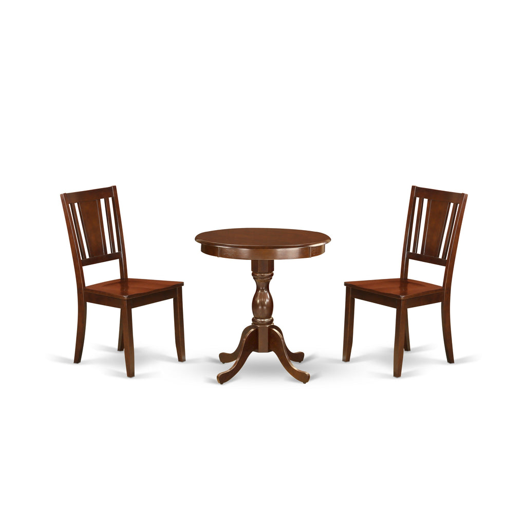 Juego de muebles de comedor de 3 piezas ESDU3-MAH-W de East West Furniture. Contiene una mesa de cocina redonda con pedestal y 2 sillas de comedor.