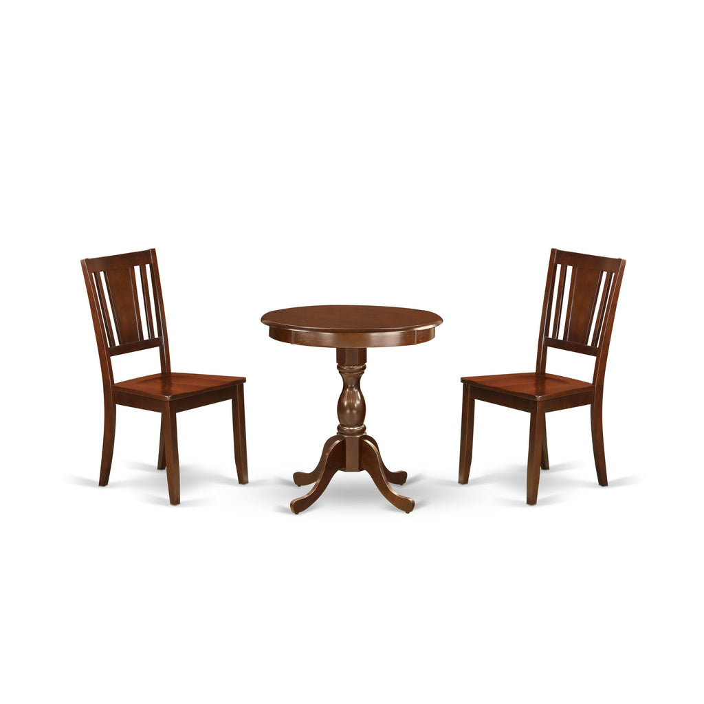 East West Furniture ESDU3-MAH-W 3 Piece Dining Room Furniture Set Contains a Round Kitchen Table with Pedestal and 2 Dining Chairs, 30x30 Inch, Mahogany