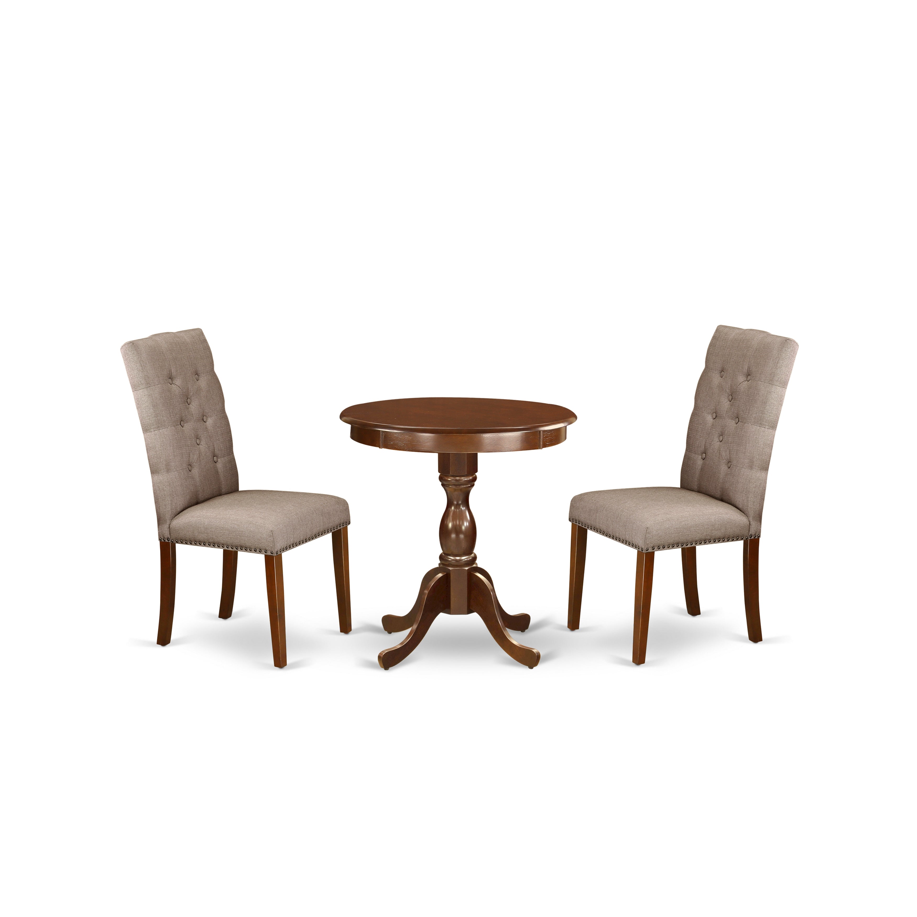 EAST WEST FURNITURE - ESEL3-MAH-16 - 3-Piece Dining Table Set - 2 Dining Padded Chairs Linen Fabric with Button Tufted Back and 1 Wooden Dining Table - Mahogany Finish