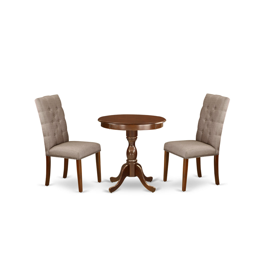 East West Furniture ESEL3-MAH-16 3 Piece Dinette Set for Small Spaces Contains a Round Dining Table with Pedestal and 2 Dark Khaki Linen Fabric Parson Dining Chairs