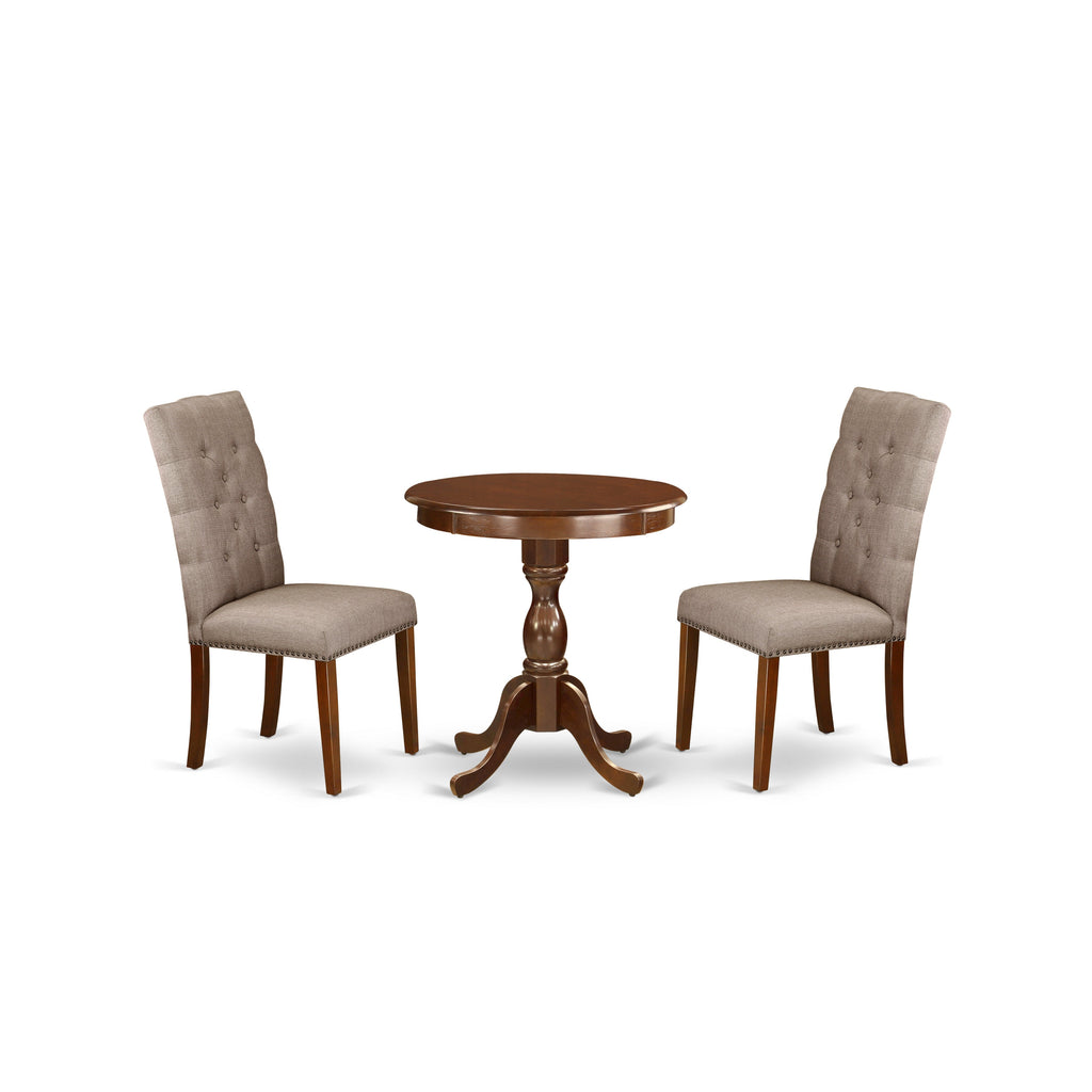 East West Furniture ESEL3-MAH-16 3 Piece Dinette Set for Small Spaces Contains a Round Dining Table with Pedestal and 2 Dark Khaki Linen Fabric Parson Dining Chairs, 30x30 Inch, Mahogany