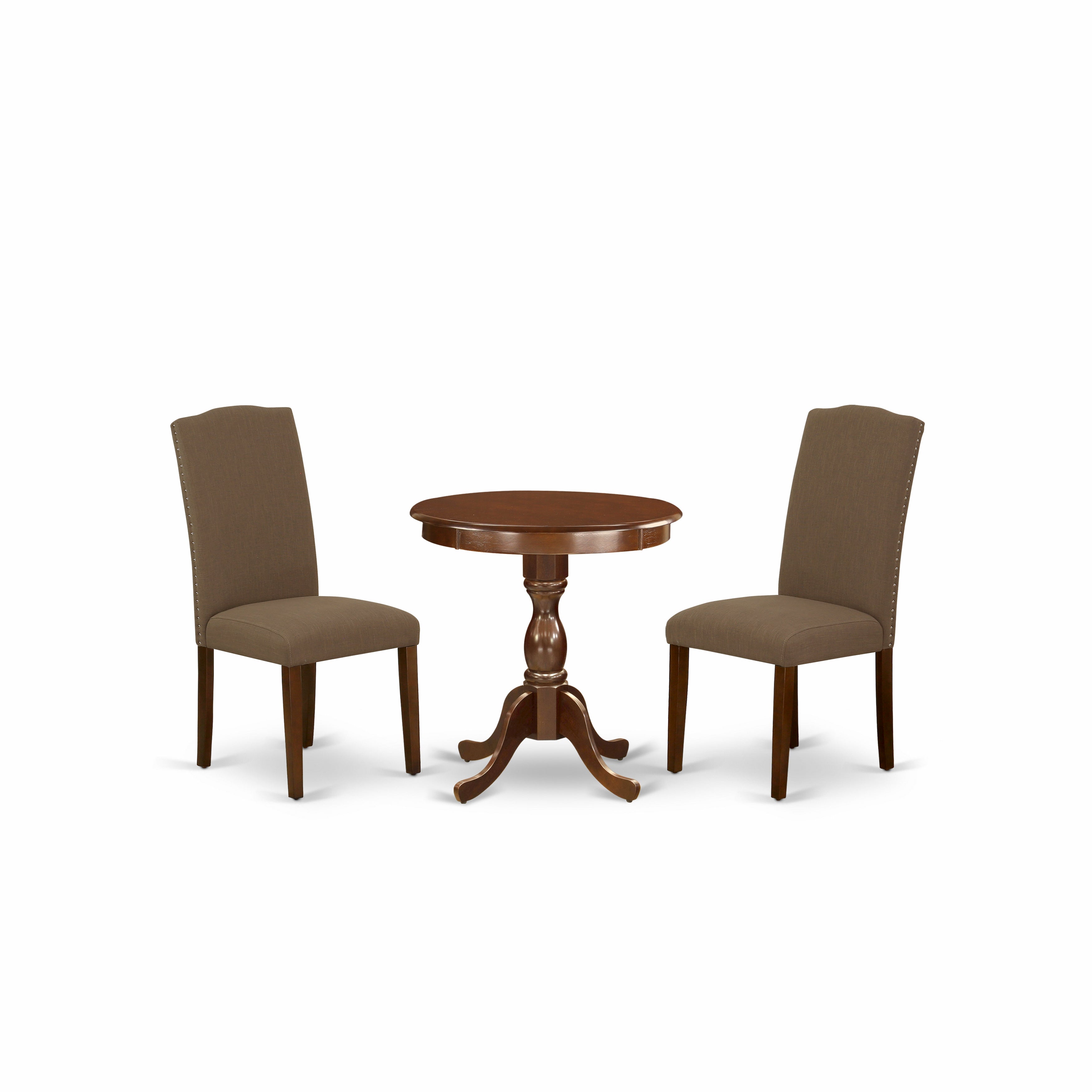 EAST WEST FURNITURE - ESEN3-MAH-18 - 3-Pc Dining Room Table Set - 2 kitchen chairs Linen Fabric with High Back and 1 Kitchen Dining Table - Mahogany Finish