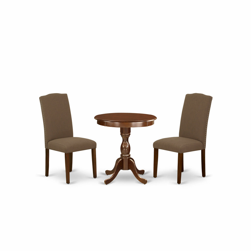 East West Furniture ESEN3-MAH-18 3 Piece Dinette Set for Small Spaces Contains a Round Dining Table with Pedestal and 2 Dark Coffee Linen Fabric Upholstered Chairs, 30x30 Inch, Mahogany