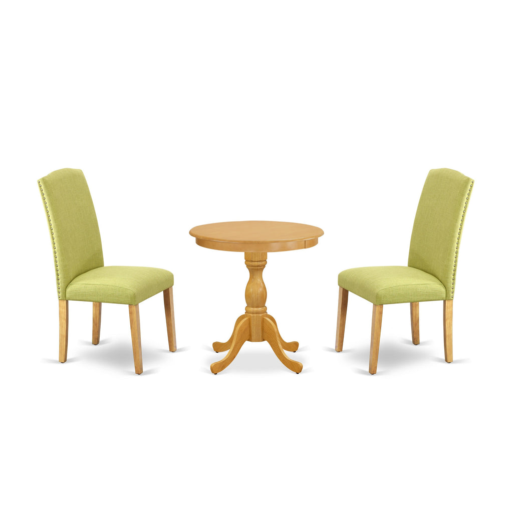 Juego de comedor de 3 piezas East West Furniture ESEN3-OAK-07 para espacios pequeños. Contiene una mesa de comedor redonda con pedestal y 2 sillas tapizadas en tela de lino Limelight.