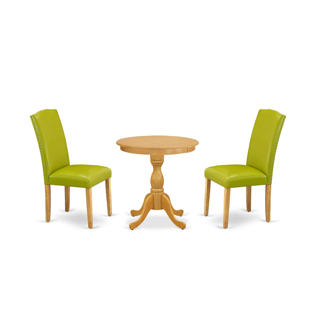 East West Furniture ESEN3-OAK-51 3 Piece Modern Dining Table Set Contains a Round Wooden Table with Pedestal and 2 Autumn Green Faux Leather Upholstered Chairs